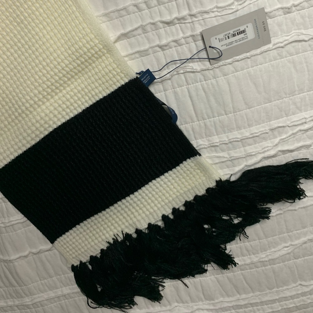 Cole Haan Black Ivory Colorblock Rib Knit Fringe Scarf NWT